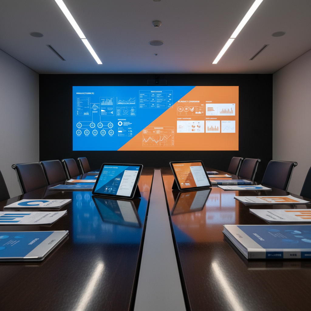 A polished conference table in a contemporary meeting room, divided visually into two sides by a diagonal line of color on a large digital screen at the end of the table. On the left side, blue-toned documents and a tablet display structured manufacturer EC operations dashboards; on the right, orange-toned reports and another tablet show EC agency campaign overviews and client portfolios. The table surface reflects the glow of the screens and the metallic finish of neatly stacked folders labeled with terms like “D2C,” “モール運用,” and “戦略.” Overhead, cool-white linear LED lights create even, professional illumination. Photographic realism, captured from a slightly elevated angle along the table’s length, with sharp focus throughout, evoking a comparative, analytical mood about different EC career paths.